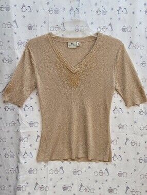 NX Beaded V‑Neck Short Sleeve Top in Champagne.  Size M